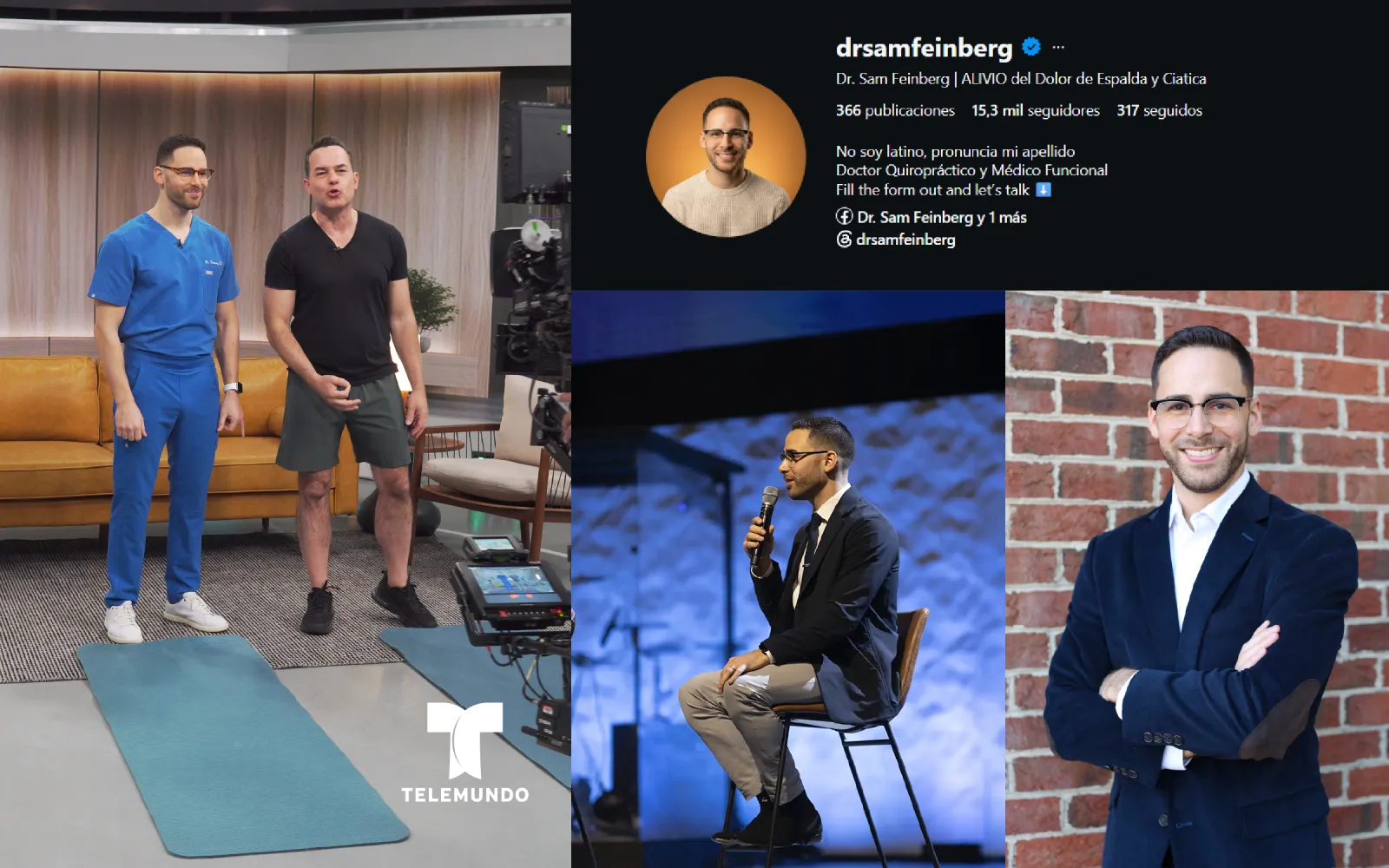 Dr. Samuel Feinberg en el set de Telemundo, su perfil de Instagram y dos retratos profesionales.