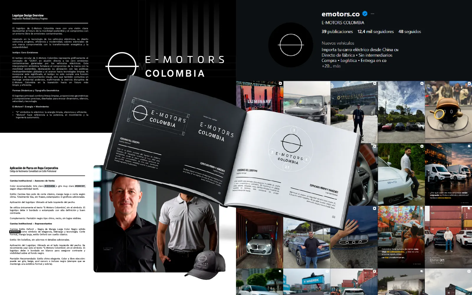Manual de marca de E-MOTORS Colombia abierto en las páginas del logotipo, con la cuenta de Instagram y la aplicación en ropa corporativa.